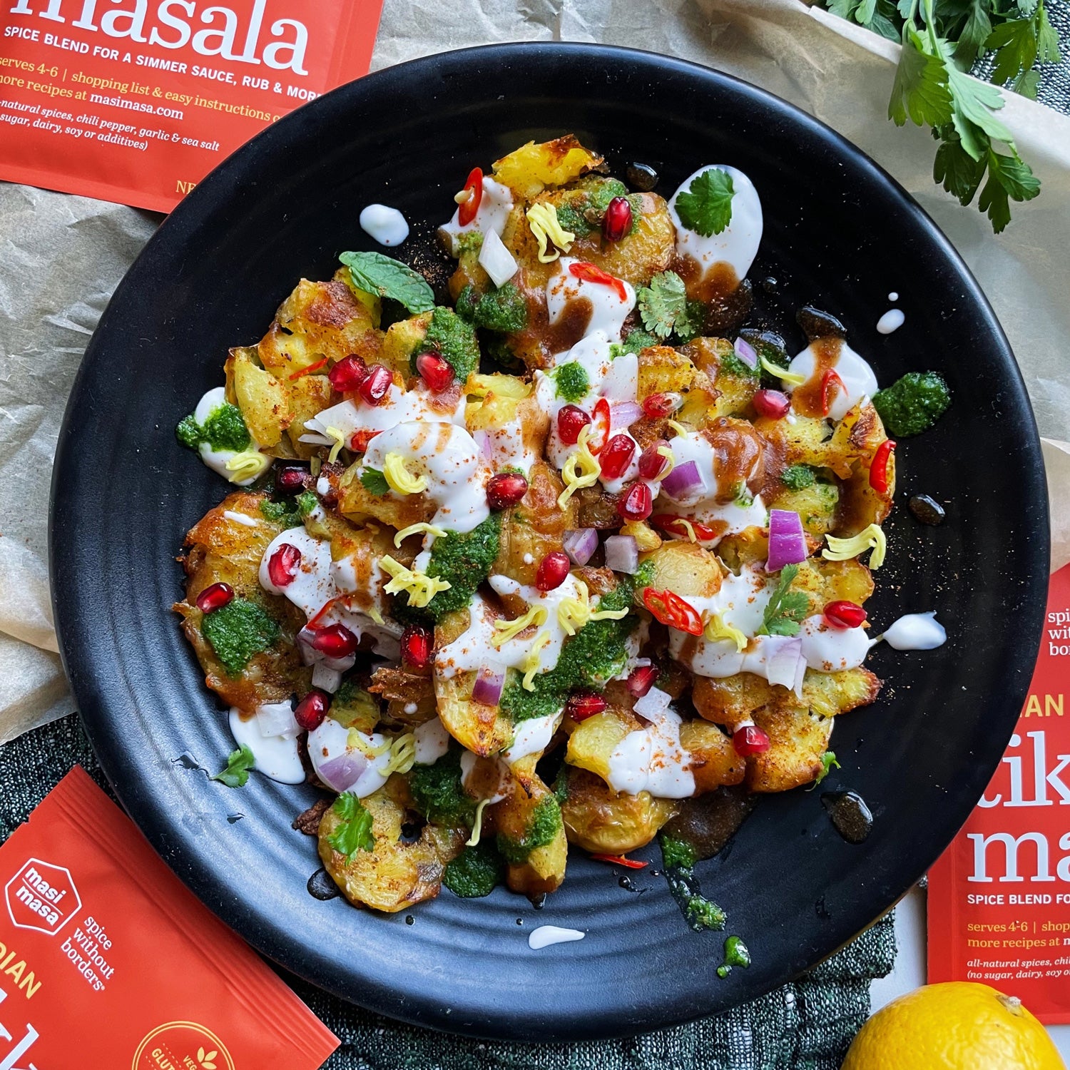 Bhel Puri Chaat with Tikka Smashed Potatoes